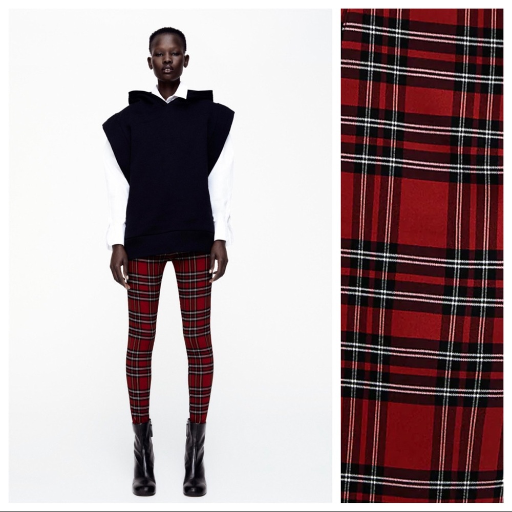 NWT. Zara Red/Black Plaid High-waisted Leggings. Size M.